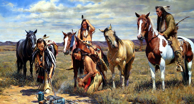 Native Americans, artwork, horses, landscape, people, HD wallpaper