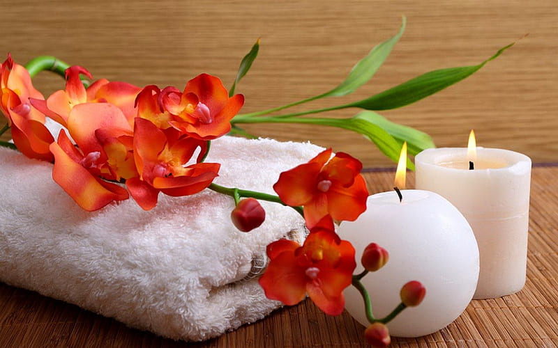 Spa orchid, red, candle, treatment, pretty, lovely, orchis, relax, bonito, still life, nice, spa, flower, HD wallpaper