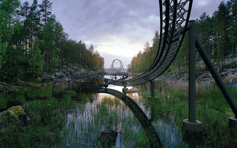 wonderful roller coaster over a lake, amusement park, grass, roller coaster, trees, lake, HD wallpaper