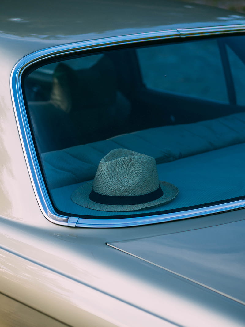 blue fedora hat on car dashboard, HD phone wallpaper