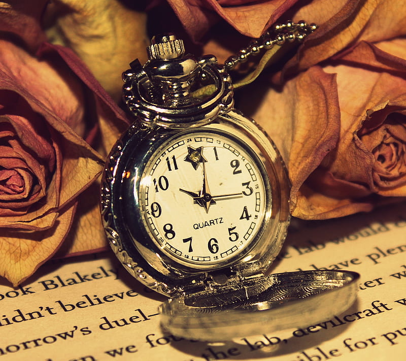 Antique Timepiece, art, book, flowers, old, pocket watch, roses, technology, vintage, HD wallpaper