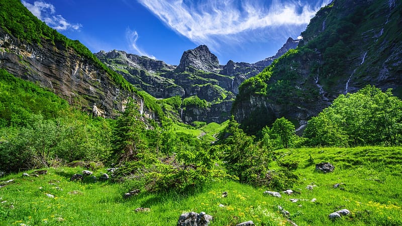 Haute-Savoie, French Alps, landscape, trees, sky, rocks, clouds, HD wallpaper