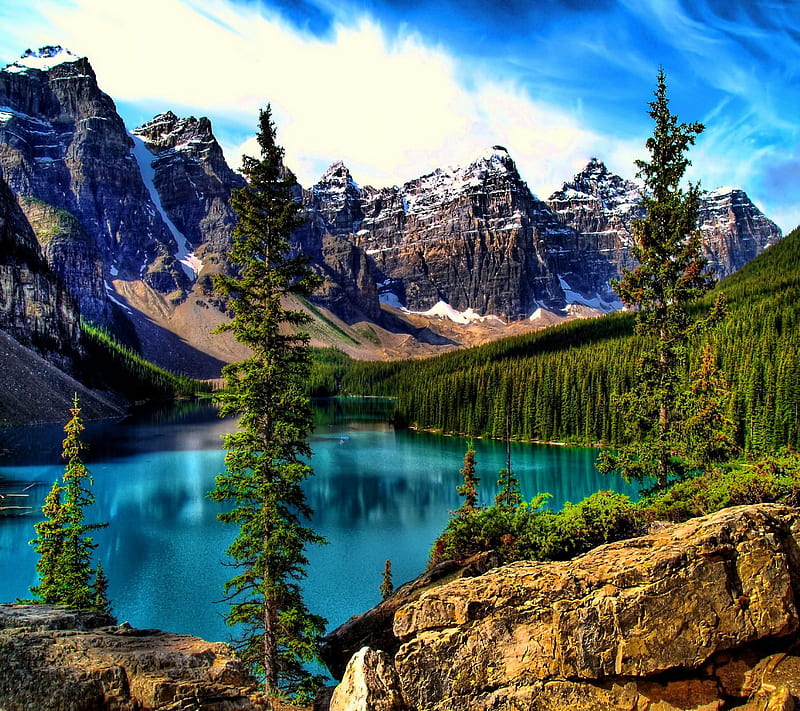 Moraine Lake, fir, mountain, tree, HD wallpaper