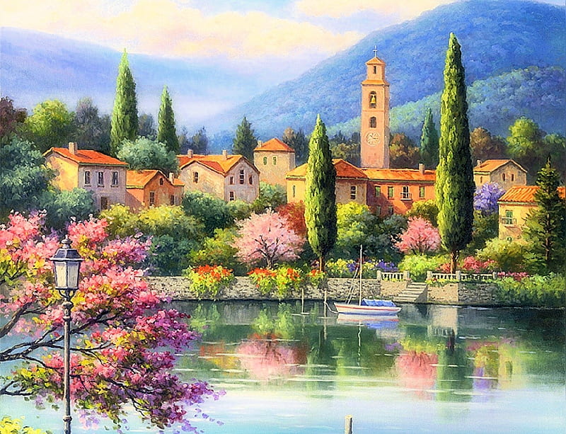 French River, houses, provence, painting, village, church, trees, artwork, HD wallpaper