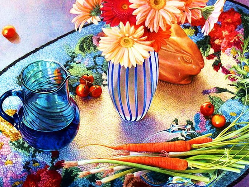 Flowers and Legumes, vase, gerbera, mug, carrots, HD wallpaper