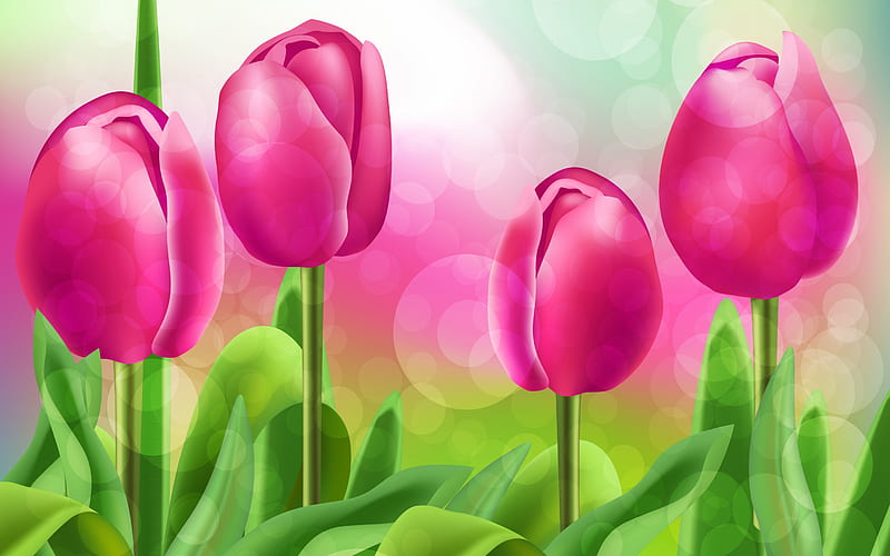 pink tulips, art, painted flowers, spring spring flowers, tulips, HD wallpaper