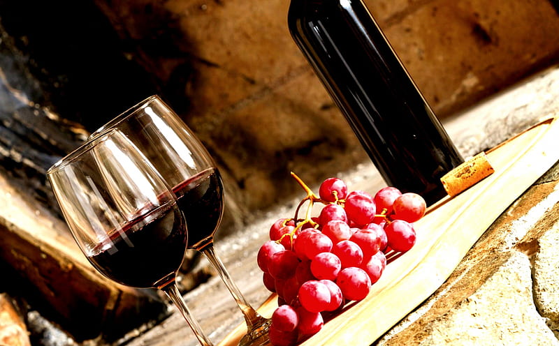 WINE for TWO, red, glass, grapes, berries, wine, bottle, HD wallpaper