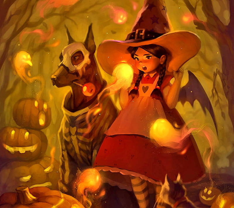 Halloween Magic, witch, wings, girl, halloween, jack-o-lanterns, dog, HD wallpaper