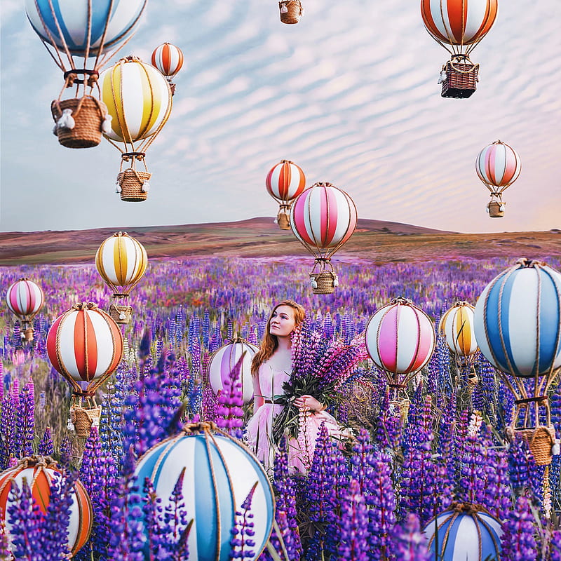 colorful, hot air balloons, balloon, women, model, women outdoors, field, flowers, plants, HD phone wallpaper