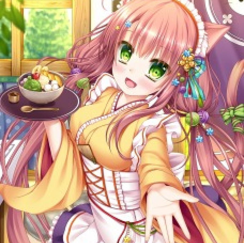 Here's Ur Food, pretty, dress, kitsune, green eyes, adorable, longh air, sweet, nice, twin tail, anime, yukata, anime girl, female, lovely, twintail, food, brown hair, smile, twintails, kimono, smiling, twin tails, happy, cute, kawaii, girl, maid, HD wallpaper