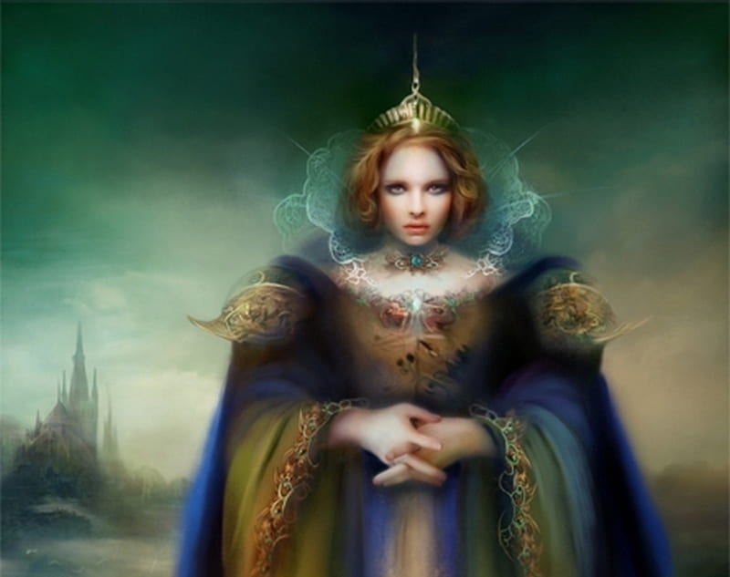 The Queen, art, luminos, queen, yellow, fantasy, green, girl, bente schlick, blue, HD wallpaper