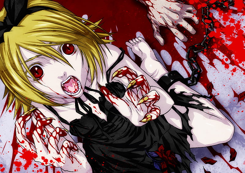 Vampiress Rin, death, evil, violent, anime, scary, vampire, vocaloid, chain, claws, kagamine rin, shackled, hunger, blood, demon, girl, rin, killer, sitting, fangs, red eyes, HD wallpaper