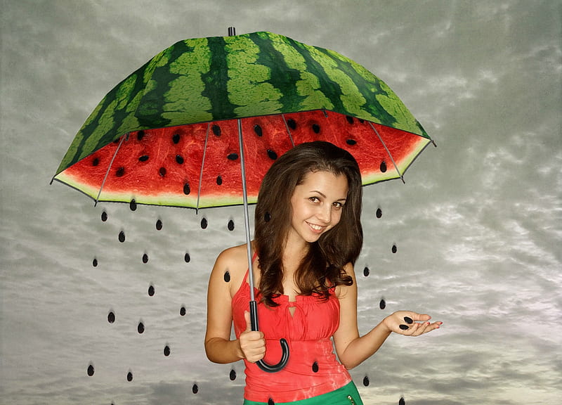 Funny umbrella, red, umbrella, creative, seed, fantasy, girl, green,  watermellon, HD wallpaper | Peakpx