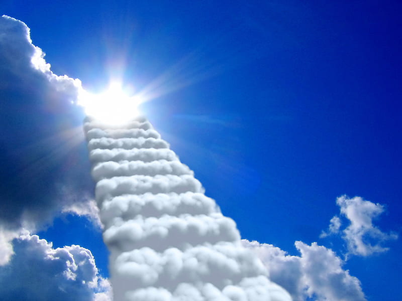 The way to Heaven, sun, stairs, sky, clouds, path, heaven, way, road, blue, HD wallpaper