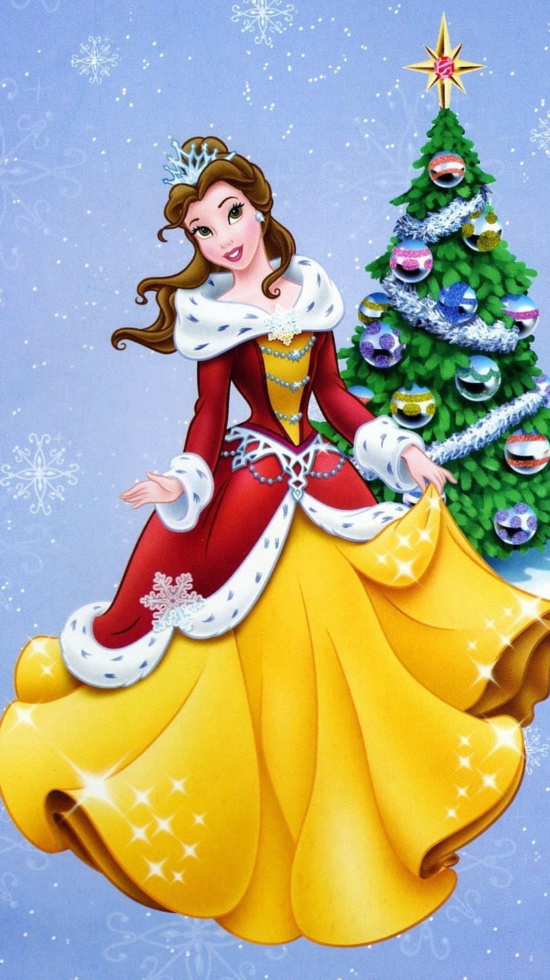 Disney Princess, Belle Wearing Christmas Clothes, belle, christmas tree, animated, christmas clothes, HD phone wallpaper