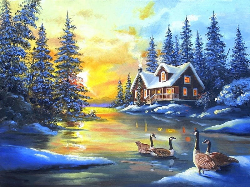 Cabin Canada Geese, white trees, love four seasons, attractions in dreams, winter, geese, paintings, snow, landscapes, cabins, rivers, HD wallpaper
