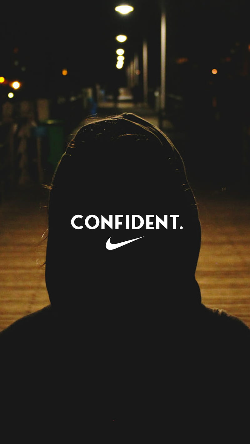 Nike Confident, black, hoodie, lights, man, night, quote, white, HD phone wallpaper