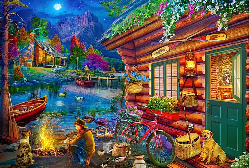 Camping, campfire, blcycle, cabin, evening, dog, boat, river, man, artwork, moon, painting, HD wallpaper