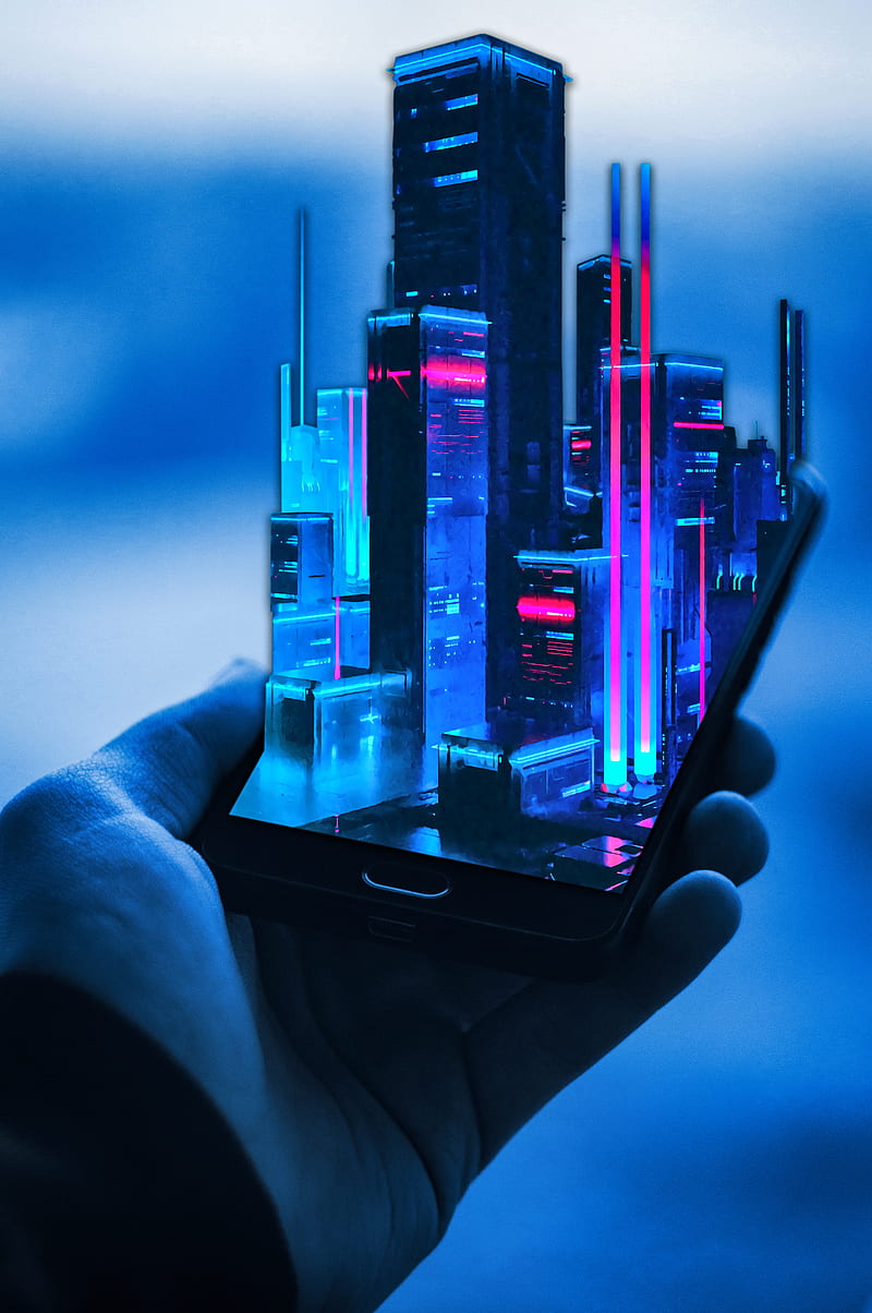 3D building, city, computer, cyberpunk, neon, note, retrowave, switch, system, tablet, technology, HD phone wallpaper