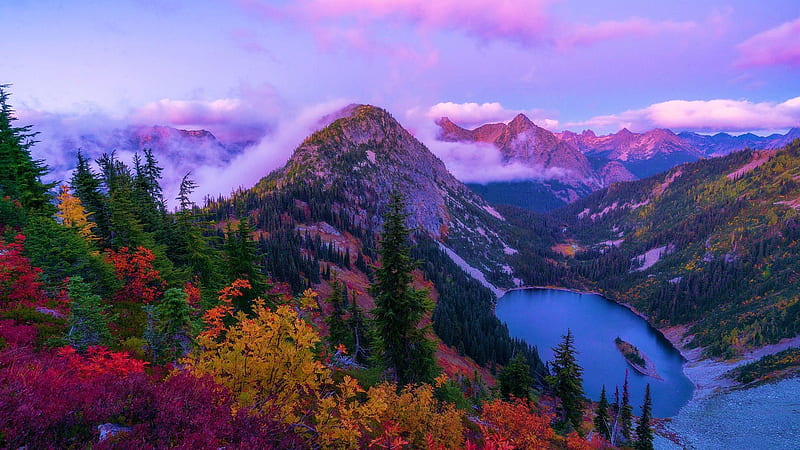 Maple Pass and Lake Ann, North Cascades, Washington, mountains, usa, sunset, fall, colors, landscape, clouds, autumn, trees, sky, forest, HD wallpaper
