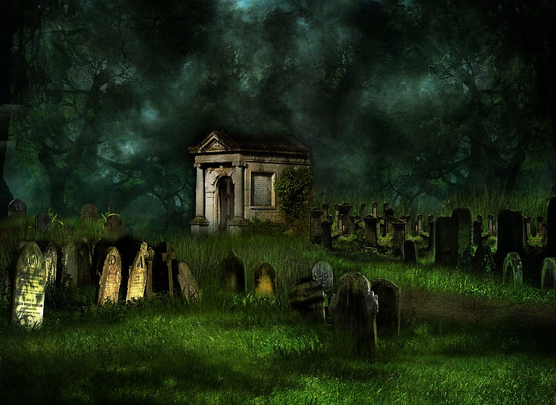 ✼.Ghostly Cemetery.✼, grass, cemetery, gravestone, halloween, tombstones, ground terrain, love four seasons, creative pre-made, trees, creepy, graveyard, backgrounds, ghostly, HD wallpaper