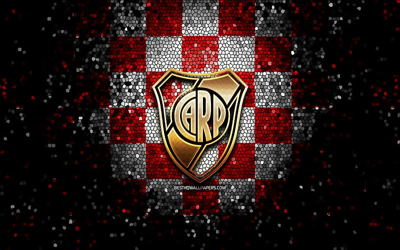 River Plate FC, glitter logo, Argentine Primera Division, red white checkered background, soccer, argentinian football club, River Plate logo, mosaic art, CA River Plate, CARP, football, Club Atletico River Plate, HD wallpaper