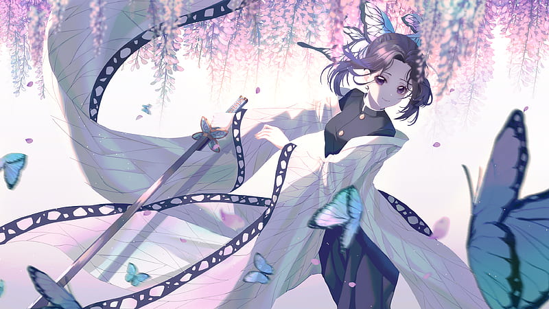 Demon Slayer Shinobu Kochou With Sword With Background Of Purple Flowers And White Anime, HD wallpaper