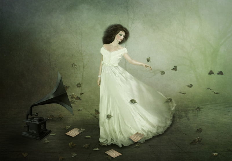 Evening Blues, leaves, gramophone, wind, music notes, women, HD wallpaper