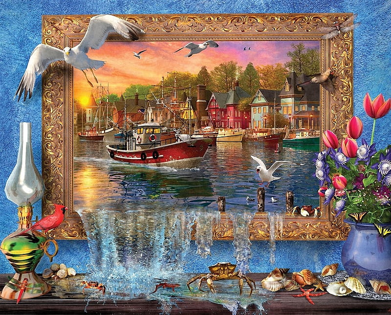 Seaside Harbor, water, ship, frame, houses, flowers, wall, seagulls, artwork, digital, HD wallpaper