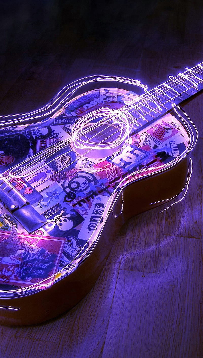 Neon guitar, blue, guitar, music, neon lights, purple, HD phone wallpaper
