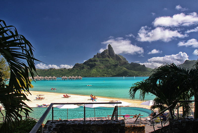 Beautiful Bora Bora, sandbank, islands, exotic, ocean, Tahiti, Polynesia, sea, lagoon, beach, Bora Bora, sand, paradise, South Pacific, island, tropical, blue, HD wallpaper