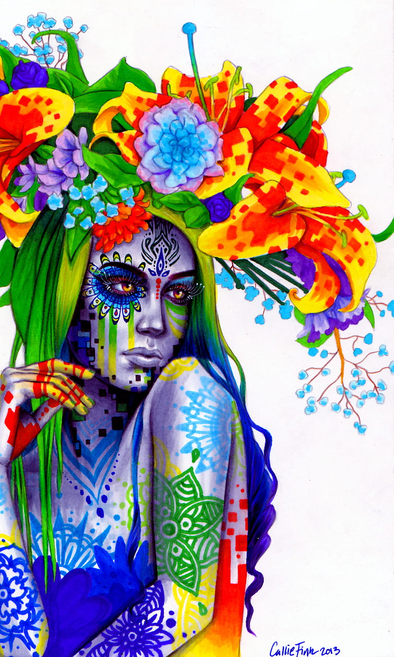 001 Flowerhat Lady, art, beauty, blue, color, drawing, fantasy, flowers, galaxy, girl, henna, lady, love, pattern, summer, HD phone wallpaper