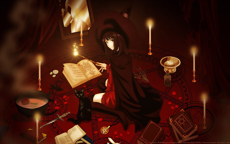 Charmed and Beautiful, witch, art, book, magic, pentagram, candles, hat, cgi, girl, anime, drawing, painting, cloak, HD wallpaper