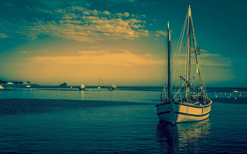 white yacht, sea, sunset, evening, seascape, summer, HD wallpaper