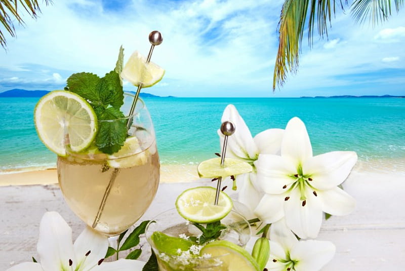 Tropical Drink, beach, summer, drink, glowers, tropical, sea, HD wallpaper