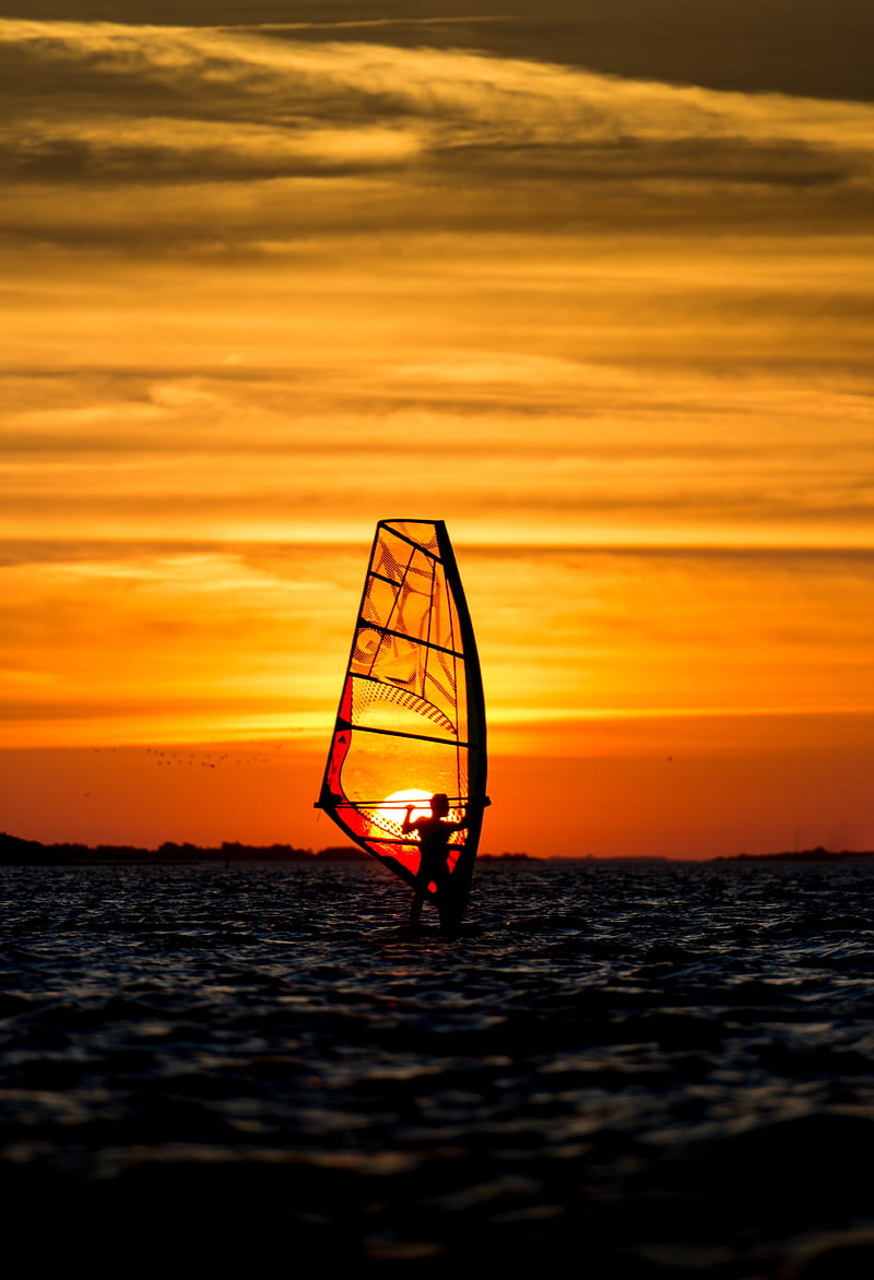 sail, silhouette, beach, sea, sunset, dark, HD phone wallpaper