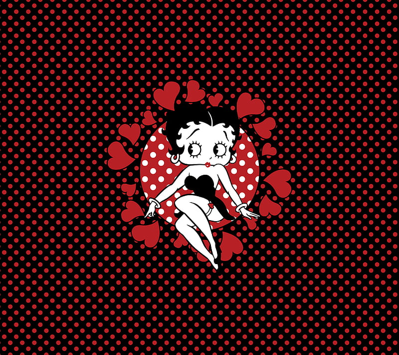 Queen of Hearts - Red, Betty, Betty Boop, Boop, Cartoon, Fashion, Queen, bonito, beauty, black, desenho, dots, graphic, corazones, love, pattern, polka, polka dots, red, white, HD wallpaper