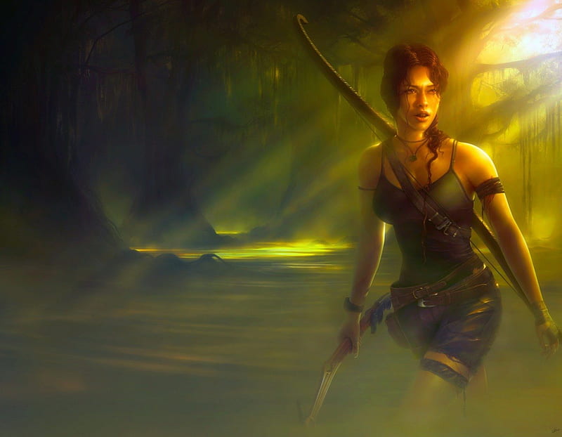 Lara Croft, games, female, brown hair, video games, tomb raider, bow, weapons, singlet, girl, HD wallpaper