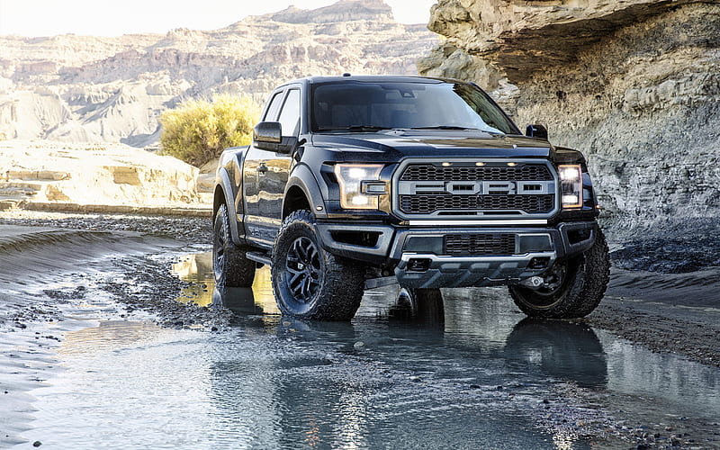 Ford F-150 Raptor, new black SUV, off-road, river, mountains, new black F-150, tuning, American cars, Ford, HD wallpaper