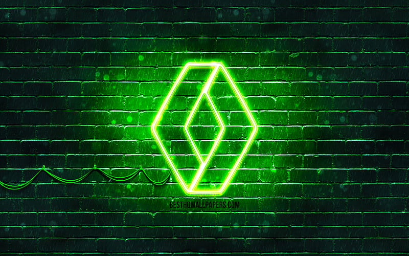 Renault green logo green brickwall, Renault logo, cars brands, Renault neon logo, Renault, HD wallpaper