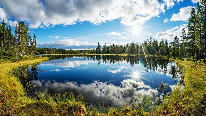 Kjos, Norway, Telemark County, sky, water, reflections, trees, clouds, landscape, HD wallpaper