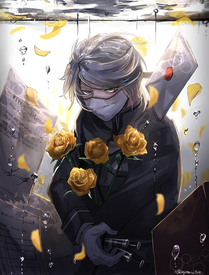 Aesop Carl, anime, yellow flowers, roses, Male, Identity V, underwater, bubbles, syringe, letter, hugging, water, white hair, petals, HD phone wallpaper