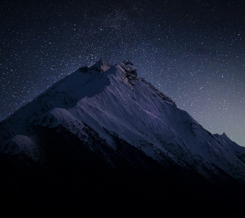 black mountain, blue, dark, ice, night, sky, snow, space, stars, winter, HD wallpaper