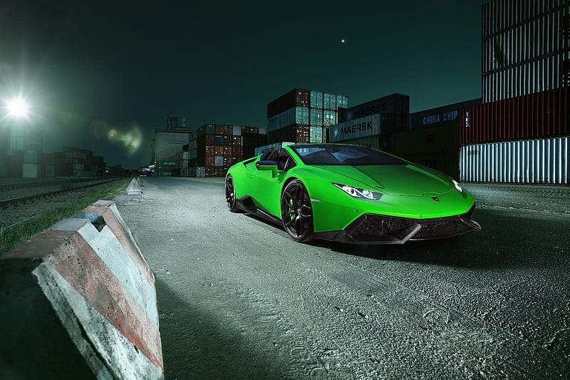 Novitec Torado, tuning, Lamborghini Huracan Spyder, 2016, supercars, night, port, green lamborghini, HD wallpaper