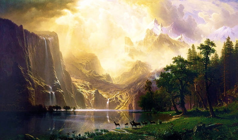 Morning Glory, sun, mountains, painting, waterfall, river, artwork, deer, HD wallpaper