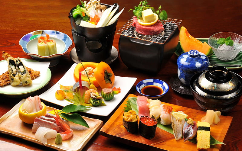 Japanese Food, japanese, food, dishes, fruits, sushi, bonito, abstract, graphy, yummy, HD wallpaper