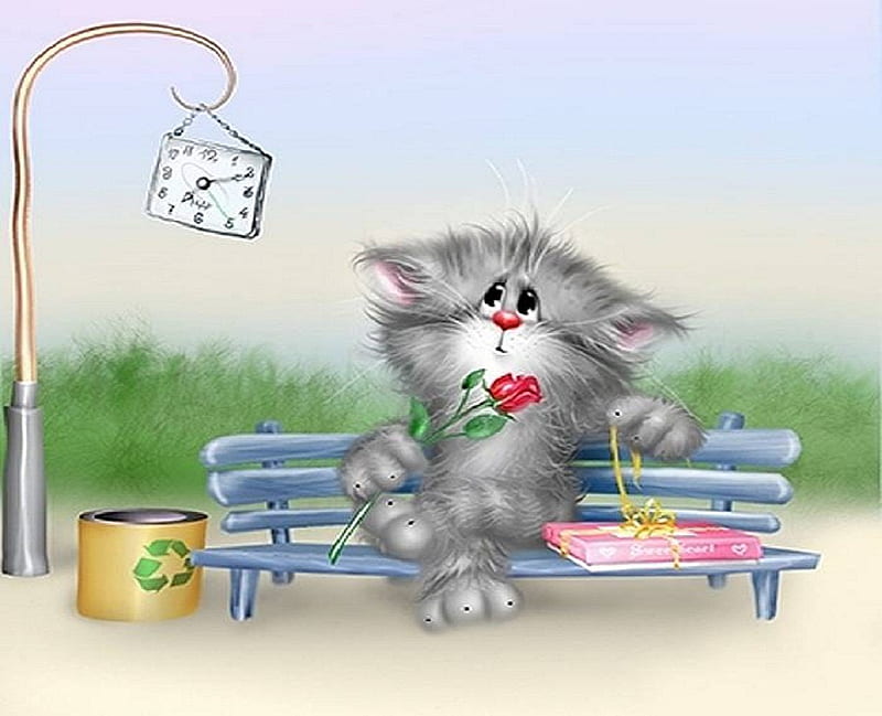 Cartoon Cat, rose, love, flower, bench, park, cartoon, cat, HD wallpaper