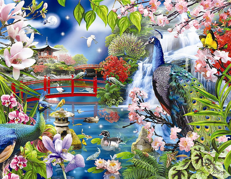 Peacock garden, art, luminos, peacock, water, butterfly, green, paun, summer, flower, garden, pink, mary thompson, blue, HD wallpaper