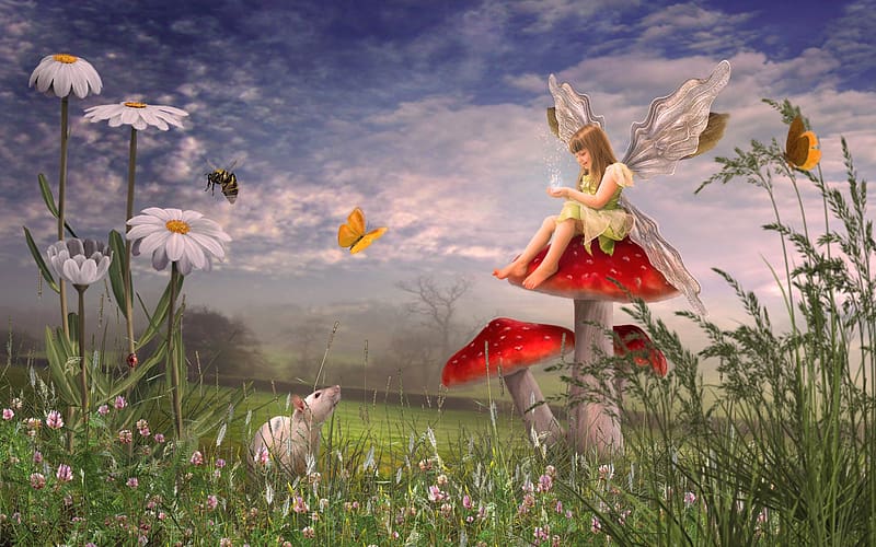 Fantasy, Mushroom, Mouse, Daisy, Fairy, Little Girl, HD wallpaper | Peakpx