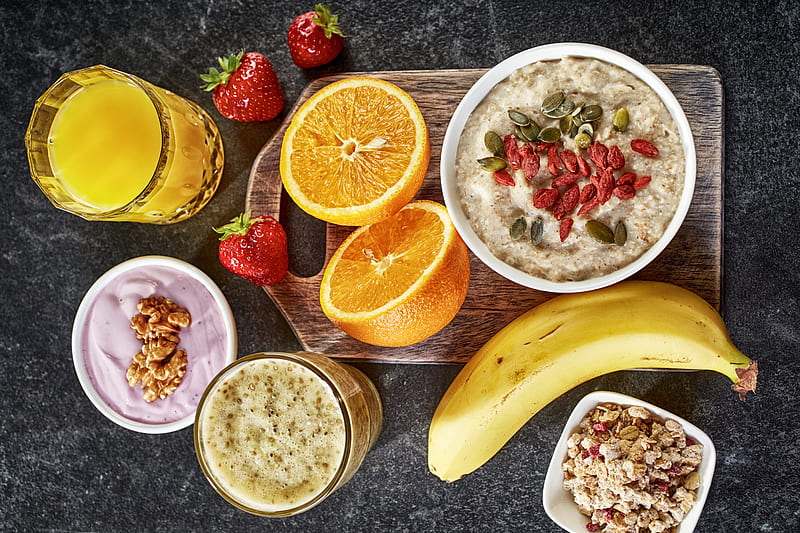 Food, Breakfast, Fruit, Juice, Oatmeal, Still Life, Strawberry, orange (Fruit), HD wallpaper